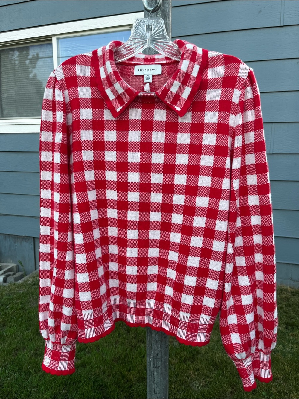 Free Assembly Red White Gingham Plaid Collared Knit Sweater XL 16/18 Puff Sleeve